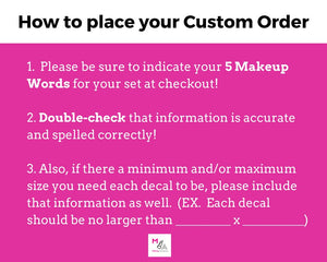 Custom MINI VANITY DECALS:  Makeup Vanity Stickers Decals Makeup Organization Mini-Set of five (5) decals